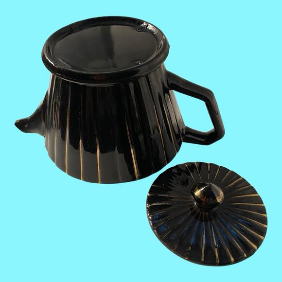 Vintage Sadler Teapot Black W/Gold Stripes MCM England Retro Art Deco Small Ding - Picture 8 of 9